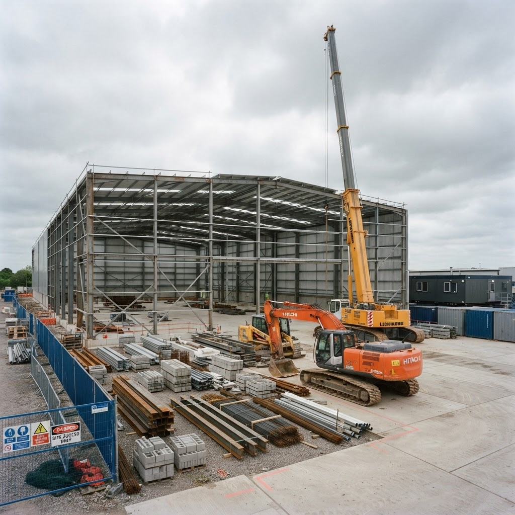 Nova Pro Services industrial jobsite with heavy equipment and a warehouse under construction
