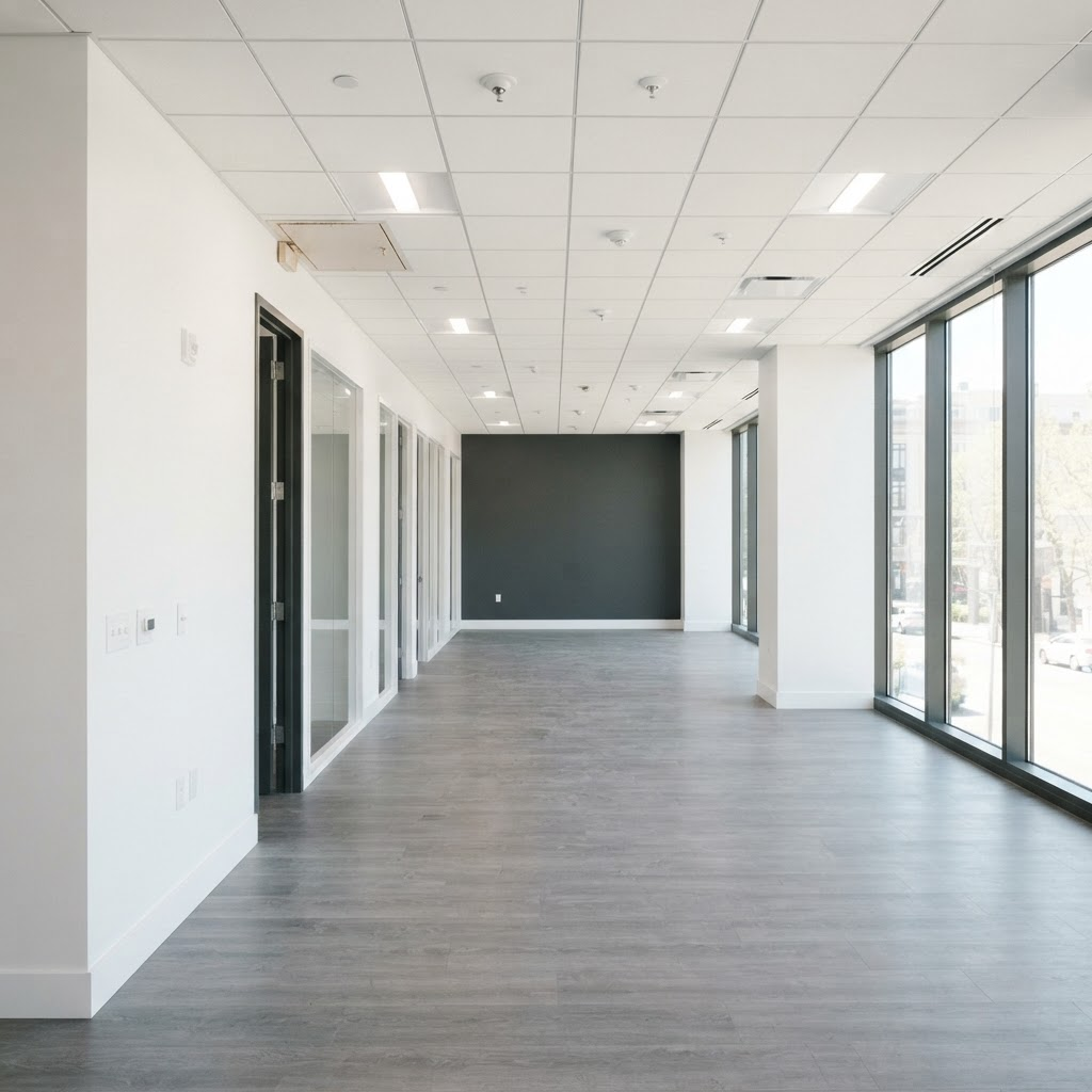 Freshly restored and rebuilt commercial interior after damage